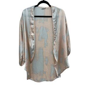 Free People Kimono Cardigan One Size Satin Open Front Houndstooth Peach Blue